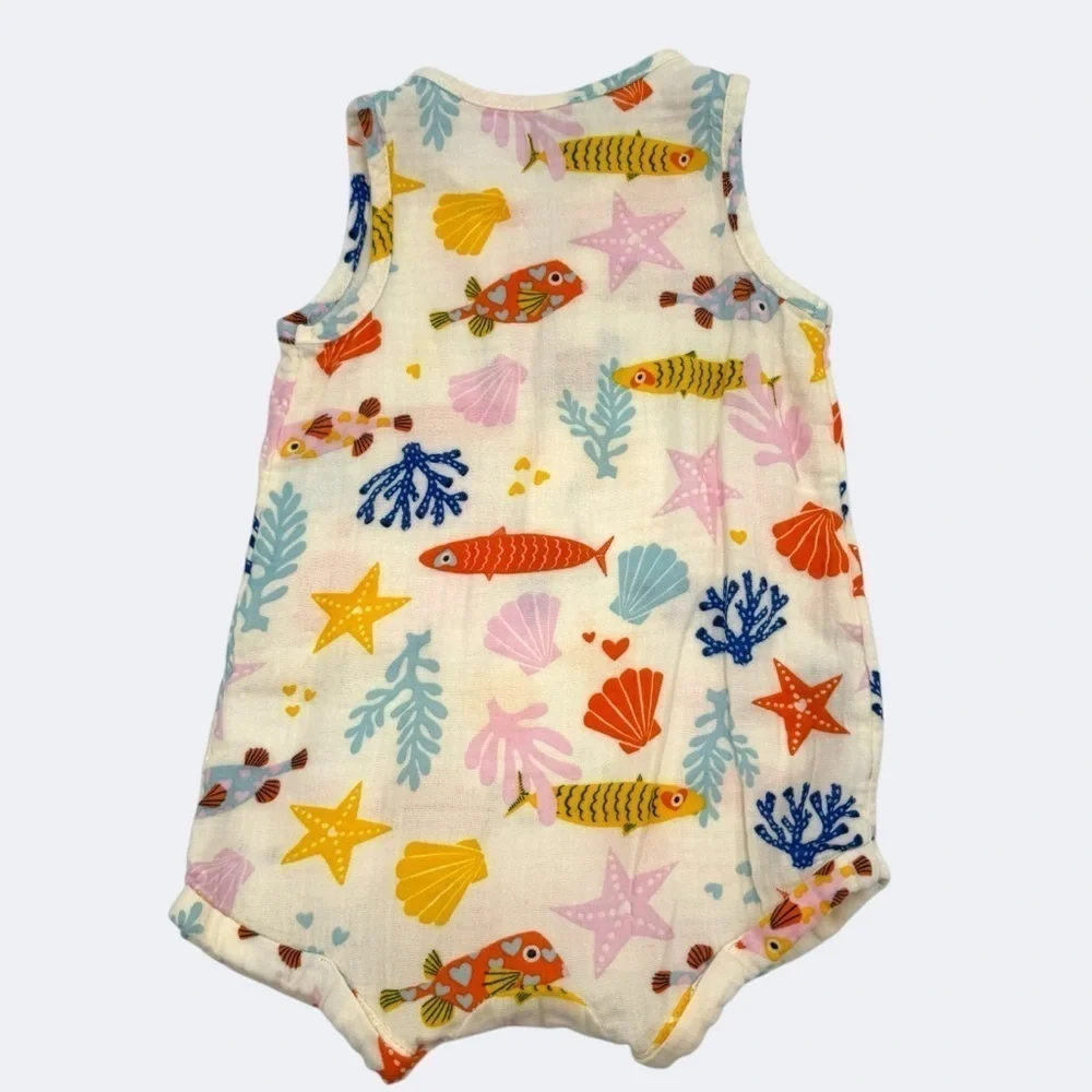 Old Navy Unisex Printed Henley Baby Romper Colorful Fish and Starfish 12-18